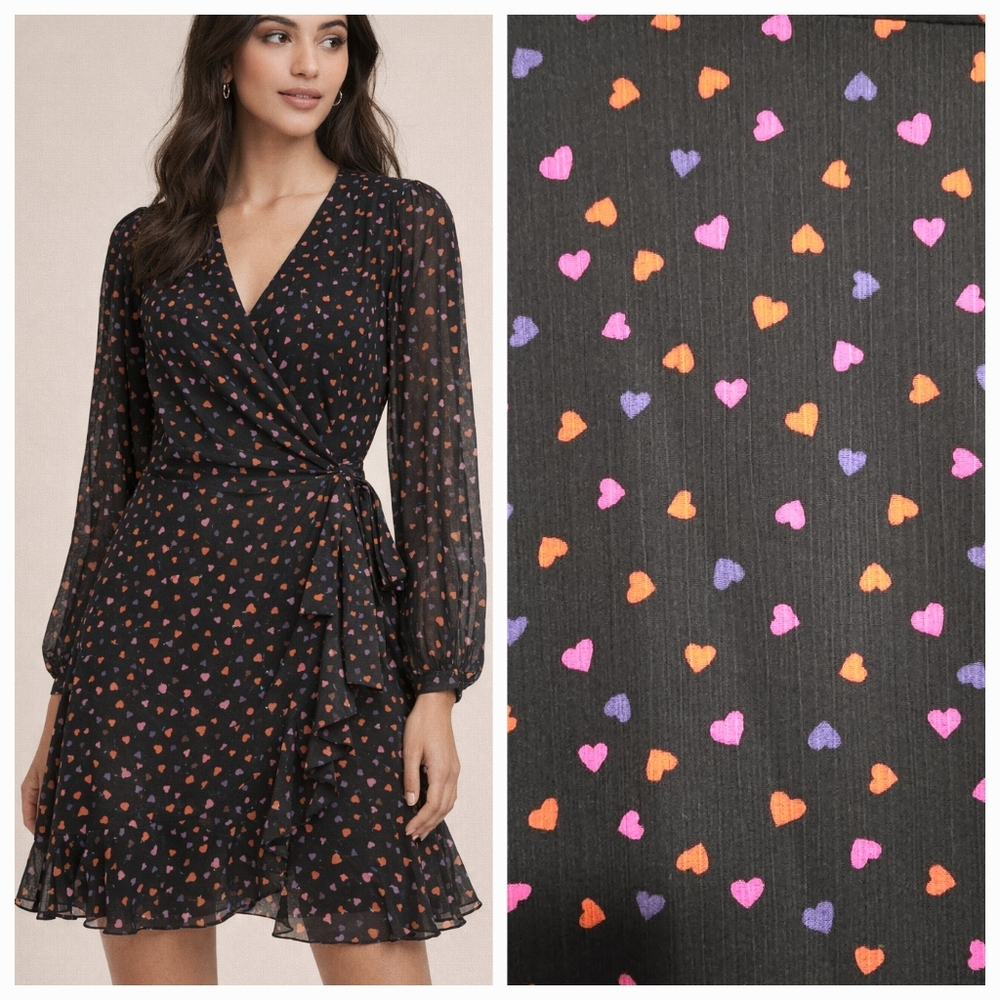 Banana Republic Ruffle Wrap Dress Sheer Chiffon Black Heart Print Size 4Tall